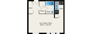 A floor plan of a small apartment with a living room, bedroom, and kitchen.