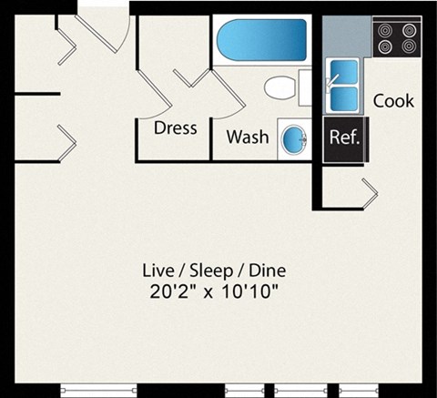 A floor plan of a small apartment with a living room, bedroom, and kitchen.