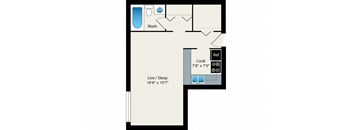 A floor plan of a kitchen with a washbasin, a reference to a cooker, and a sleeping area.