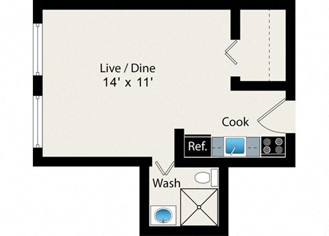 A floor plan of a small apartment with a living and dining area, a kitchen, a bathroom, and a laundry room.