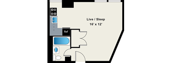 A floor plan of a room with a live/sleep area and a ref area.