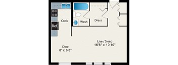 A floor plan of a house with a kitchen, dining area, and a live/sleep area.