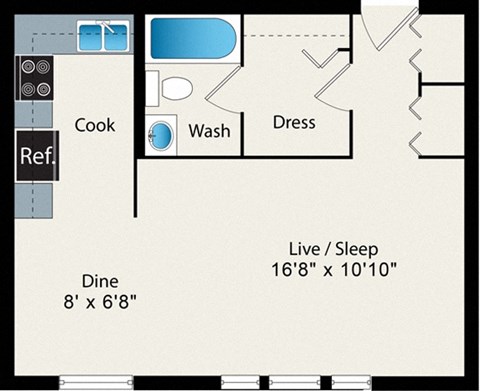 A floor plan of a house with a kitchen, dining area, and a live/sleep area.