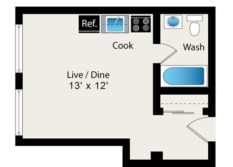 A floor plan of a kitchen with a reference box, a cooking area, and a wash area.