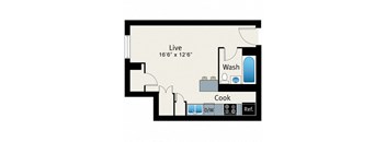 A floor plan of a living space with a kitchen and bathroom.
