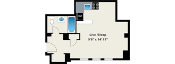 A floor plan of a room with a reference box and a live/sleep area.