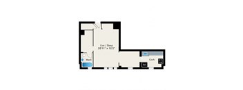 A floor plan of a room with a wash basin, a cooking area, and a reference area.