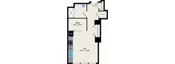 A floor plan of a room with a sleeping area and a living area.