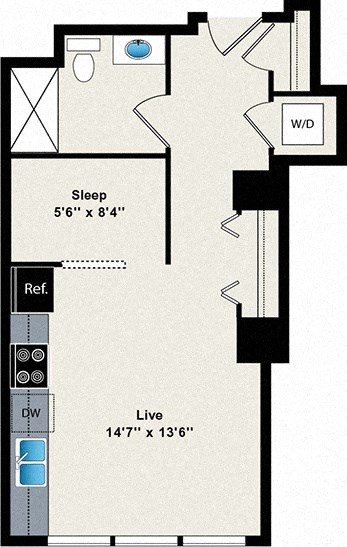 A floor plan of a room with a sleeping area and a living area.