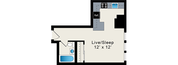A floor plan of a room with a reference box and a live/sleep area.