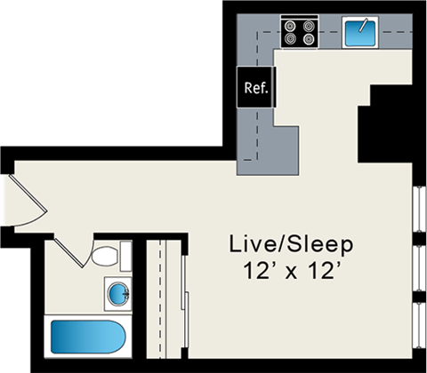 A floor plan of a room with a reference box and a live/sleep area.
