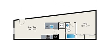 A floor plan of a room with a sleeping area, a living/dining area, a kitchenette, a bathroom, and a reference area.