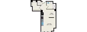 A floor plan of a room with a sleeping area, a reference area, and a live/dine area.