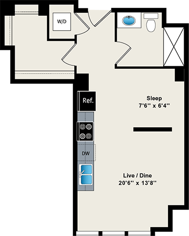 A floor plan of a room with a sleeping area, a reference area, and a live/dine area.