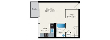 A floor plan of a small apartment with a sleeping area, a kitchen, a bathroom, and a living/dining area.