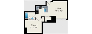A floor plan of a room with a sleeping area and a live area.