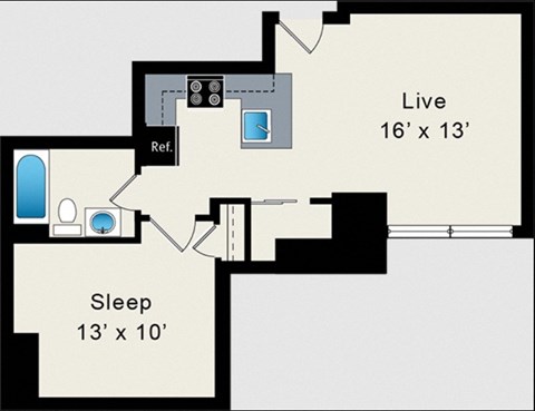 A floor plan of a room with a sleeping area and a live area.