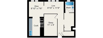 A floor plan of a room with a sleeping area, a dining area, a kitchen, a live area, and a washroom.