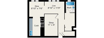 A floor plan of a room with a dining area, a sleeping area, a kitchen, a washbasin, and a living area.