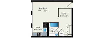 A floor plan of a small apartment with a sleeping area, a kitchen, and a living/dining area.