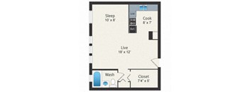 A floor plan of a small apartment with a sleeping area, a kitchen, a living room, a closet, and a bathroom.