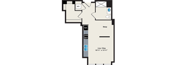 A floor plan of a room with a sleeping area, a reference area, and a live/dine space.
