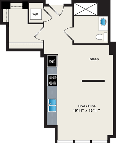 A floor plan of a room with a sleeping area, a reference area, and a live/dine space.