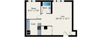 A floor plan of a room with a sleeping area, a washbasin, a cooking area, and a living area.