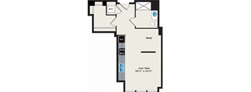 A floor plan of a room with a sleeping area, a reference area, and a live/dine area.