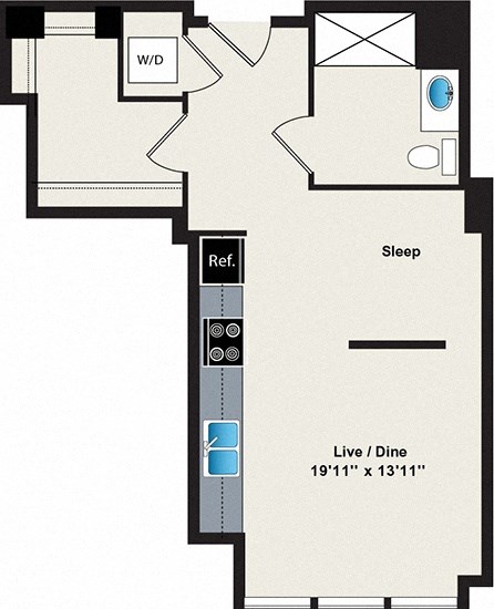 A floor plan of a room with a sleeping area, a reference area, and a live/dine area.