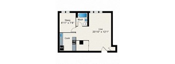 A floor plan of a small apartment with a sleeping area, a wash basin, a cooking area, a living area, and a reference area.