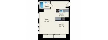 A floor plan of a small apartment with a washbasin, a reference note, a cooking area, a living area, and a sleeping area.