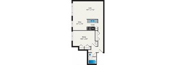 A floor plan of a small apartment with a sleeping area, a dining area, a kitchen, a bathroom, and a living room.