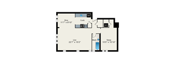 A floor plan of a small apartment with a living area, a sleeping area, a kitchen, a dining area, and a bathroom.