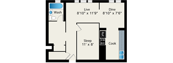 A floor plan of a room with a sleeping area, a kitchen, a dining area, and a bathroom.