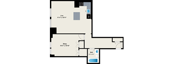 A floor plan shows a bedroom with a sleep area and a separate living area with a bathroom.