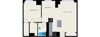 A floor plan of a room with a sleeping area, a dining area, a living area, a bathroom, and a pet area.