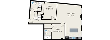 A floor plan of a room with two sleeping areas and a live/dine area.