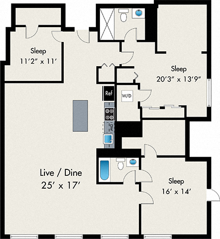 Three Bedroom Floor Plan at The lofts at gin alley