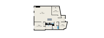 A floor plan of a house with two bedrooms, a living room, and a utility space.