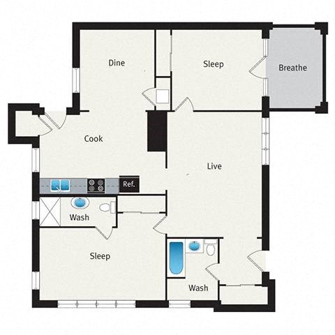 two bedroom floor plan at reside on irving park