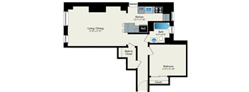 A floor plan of a house with a living room, dining room, kitchen, bathroom, bedroom, and walk-in closet.