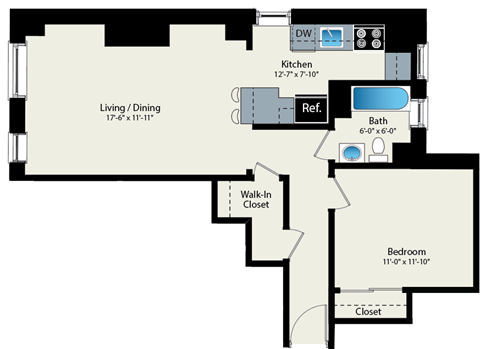A floor plan of a house with a living room, dining room, kitchen, bathroom, bedroom, and walk-in closet.