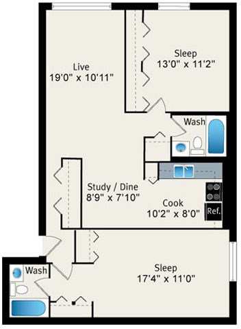 2 Bed 2 Bath Floorplan at Reside 707 Apartments, 707 W Sheridan Rd, Chicago