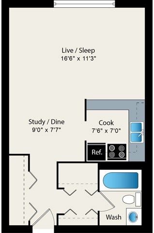 Studio 1 Bath Floorplan at Reside 707 Apartments, Chicago, 60613-3223