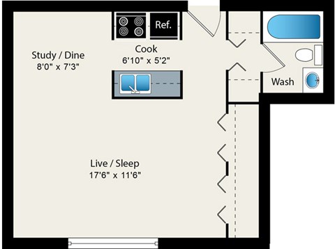 Studio 1 Bath Floorplan at Reside 707 Apartments, 707 W Sheridan Rd, 60613-3223
