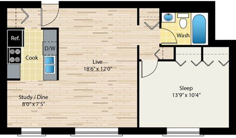 One-bedroom floor plan at reside on morse