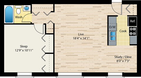 One bedroom floor plan at reside on morse