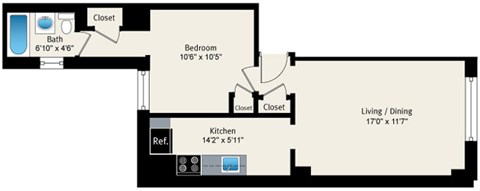 1 bedroom floor plan at Reside at Belmont Harbor