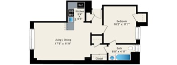 1 bedroom floor plan at Reside at Belmont Harbor